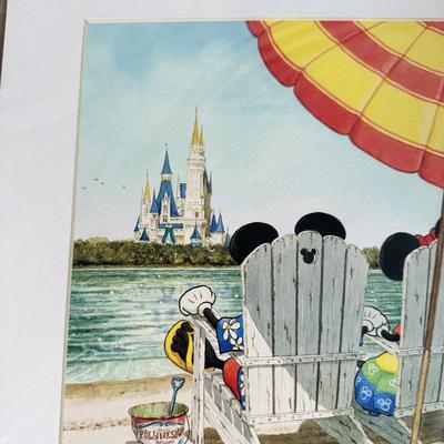 LOT 229B: Disney Home Decor - David Doss Wish You Were Here Beach Print, Minnie Princess Lamp & Canvas Prints