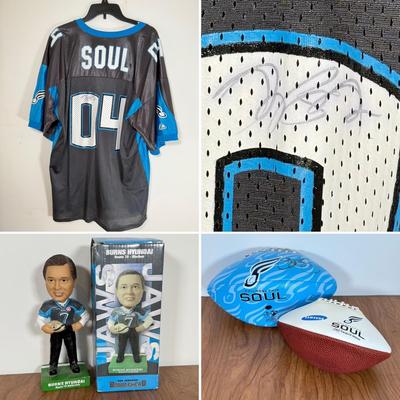 LOT 233B: Philadelphia Soul Collection - #04 Jersey & Football Signed by Jon Bon Jovi, Ron Jaworski Bobbleheads