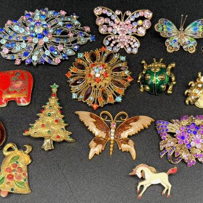 Vintage Lot of 14 Brooches - Butterflies, Christmas Tree, Flowers