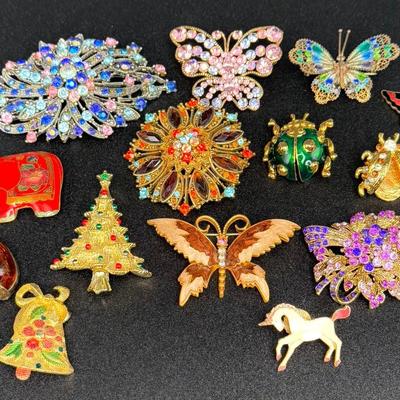Vintage Lot of 14 Brooches - Butterflies, Christmas Tree, Flowers