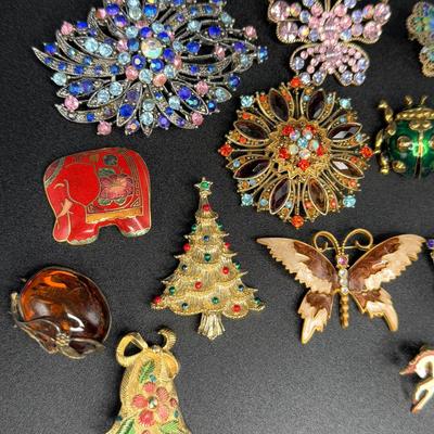 Vintage Lot of 14 Brooches - Butterflies, Christmas Tree, Flowers