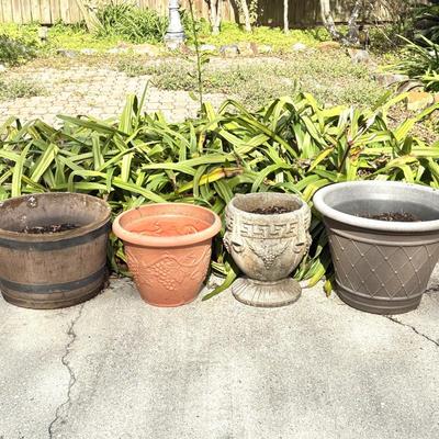 Set of 4 Large Flower Pots - One Cement Urn and Three Composite