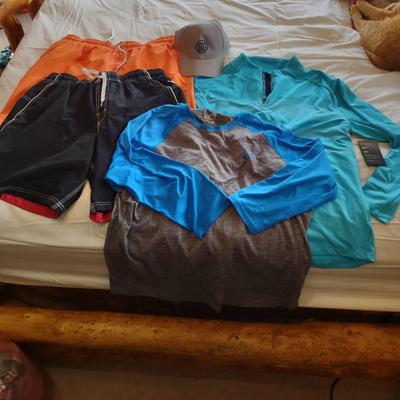 MEN'S SWIM TRUNKS (XL), SHIRTS (XL) AND BALL CAP