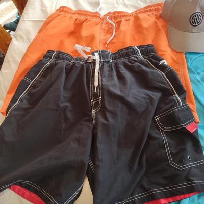 MEN'S SWIM TRUNKS (XL), SHIRTS (XL) AND BALL CAP