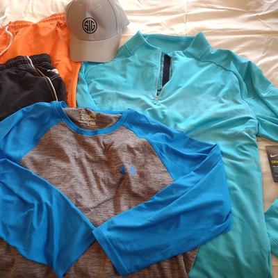 MEN'S SWIM TRUNKS (XL), SHIRTS (XL) AND BALL CAP