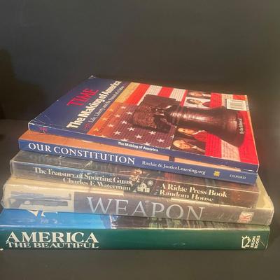 LOT; 1 Rustic Wooden Bookends with Cannon Repllcas, Brass Eagle Medallion, Stars and Stripes Drinking Glasses, Variety of Coffee Table...