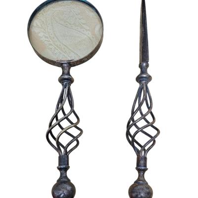 Vintage Magnifying Glass and Letter Opener Desk Set in Silver Plate with Twisted Handles (c.1960s)