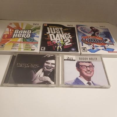 3 Wii GAMES AND PATSY CLINE/BUDDY HOLLY MUSIC ON CD