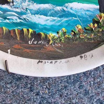 Patio decor - Painted fish - Small Garden statue in wooden house - and a painted plate