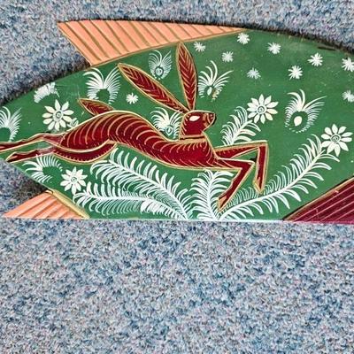 Patio decor - Painted fish - Small Garden statue in wooden house - and a painted plate