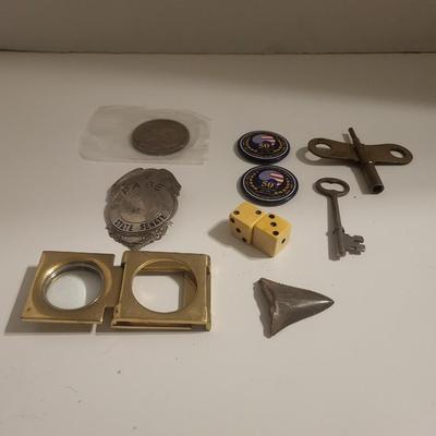 NRA COIN, STATE SENATE BADGE, VINTAGE DICE, SKELETON KEY AND MORE
