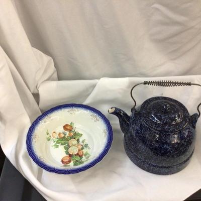 Pottery Kettle (Damaged) and Limoges Serving Bowl.