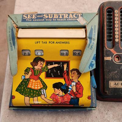 Metal Tin Toys See & Subtract, Adding Machine, Telephones