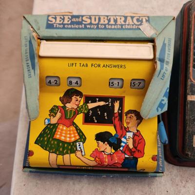 Metal Tin Toys See & Subtract, Adding Machine, Telephones