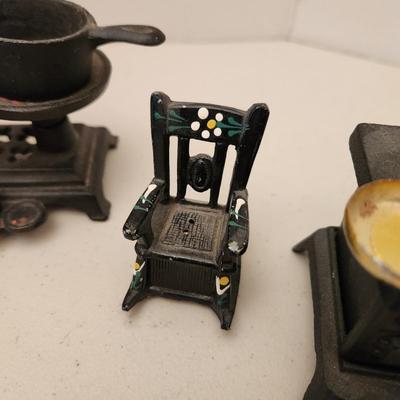 Cast Iron Toys Scale, Stove, Rocking Chair, Pot