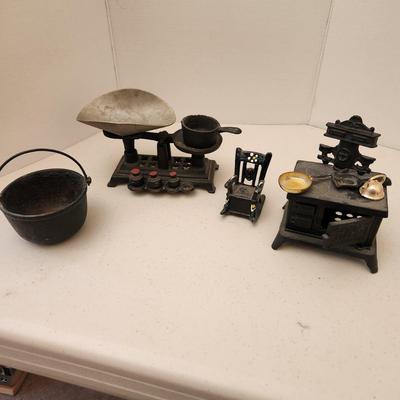 Cast Iron Toys Scale, Stove, Rocking Chair, Pot