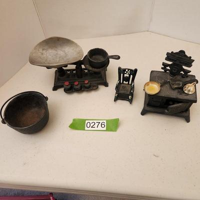 Cast Iron Toys Scale, Stove, Rocking Chair, Pot