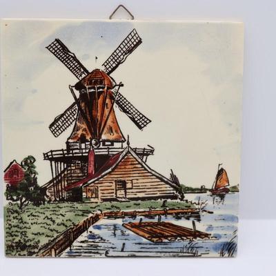 Vintage DELFT Hand-Painted Windmill Tile Plaque