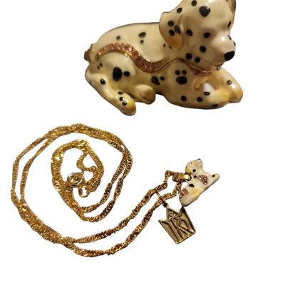 Kingspoint Enameled, Rhinestone Dalmatian trinket box with matching necklace