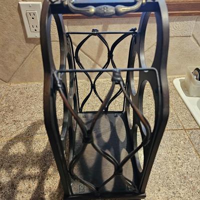 Nice wooden wine rack with wine themed plate and two stemmed glasses