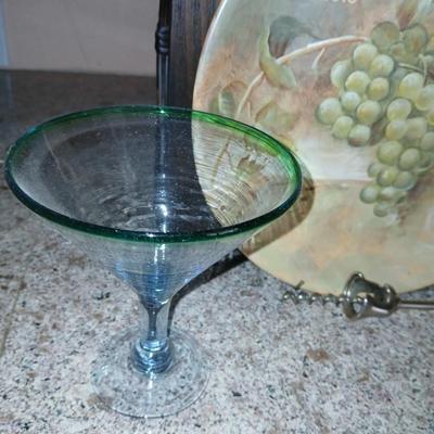 Nice wooden wine rack with wine themed plate and two stemmed glasses