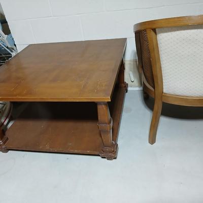 Nice Mid Century Cane Back Wood Barrel Chair with large sized end table