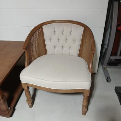 Nice Mid Century Cane Back Wood Barrel Chair with large sized end table