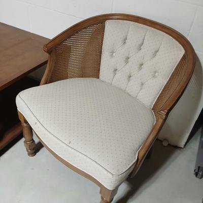 Nice Mid Century Cane Back Wood Barrel Chair with large sized end table