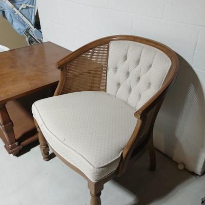 Nice Mid Century Cane Back Wood Barrel Chair with large sized end table
