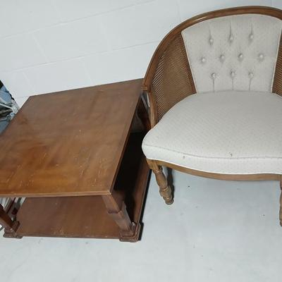Nice Mid Century Cane Back Wood Barrel Chair with large sized end table