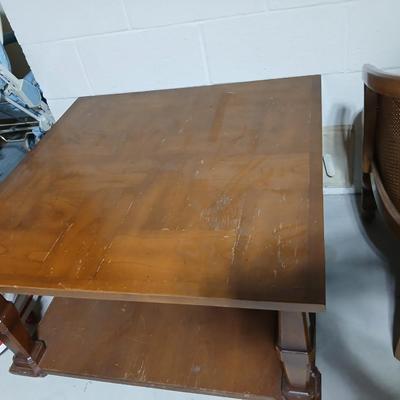 Nice Mid Century Cane Back Wood Barrel Chair with large sized end table