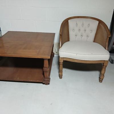 Nice Mid Century Cane Back Wood Barrel Chair with large sized end table