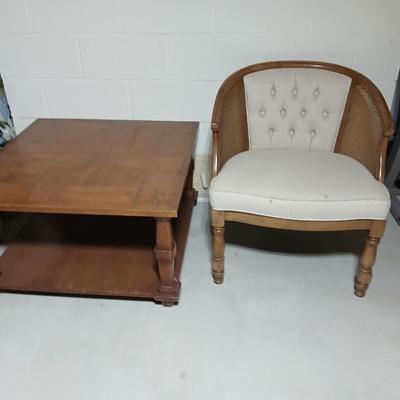 Nice Mid Century Cane Back Wood Barrel Chair with large sized end table