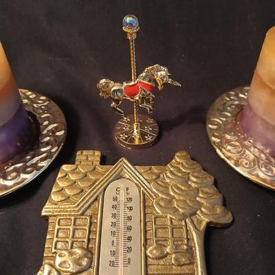 Home decor - candles - Carousel horse - Brass thermometer - glass dishes and corked back trivets