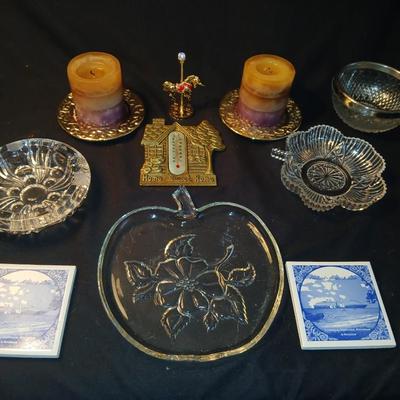 Home decor - candles - Carousel horse - Brass thermometer - glass dishes and corked back trivets