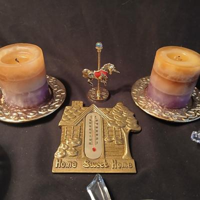 Home decor - candles - Carousel horse - Brass thermometer - glass dishes and corked back trivets