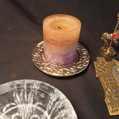 Home decor - candles - Carousel horse - Brass thermometer - glass dishes and corked back trivets