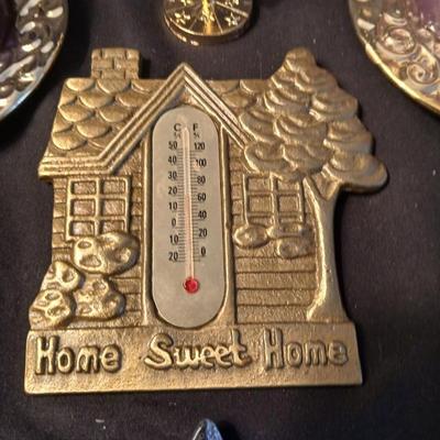 Home decor - candles - Carousel horse - Brass thermometer - glass dishes and corked back trivets