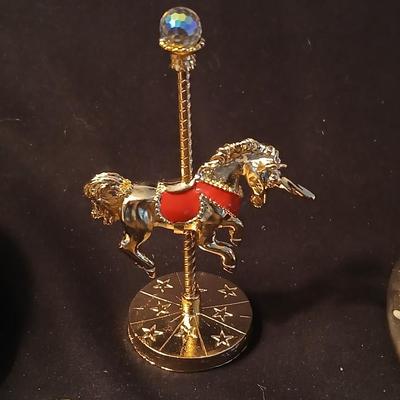 Home decor - candles - Carousel horse - Brass thermometer - glass dishes and corked back trivets