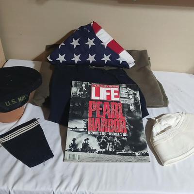 WWII Era U.S. Navy sailor cap with Shorts - army green wool blanket -American Flag and more