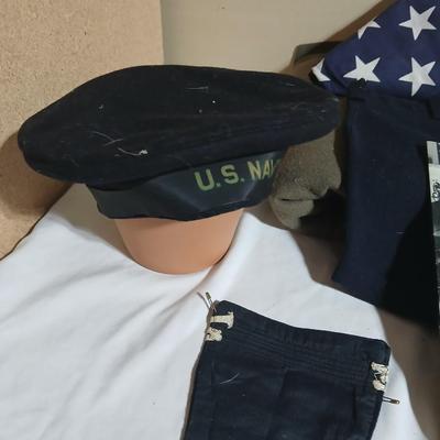 WWII Era U.S. Navy sailor cap with Shorts - army green wool blanket -American Flag and more