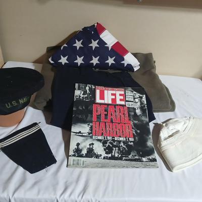 WWII Era U.S. Navy sailor cap with Shorts - army green wool blanket -American Flag and more