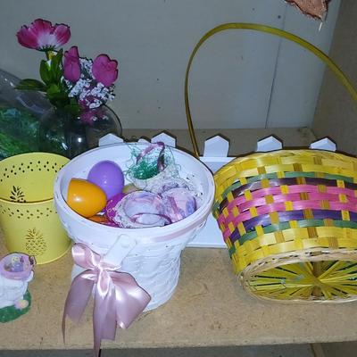 Happy Easter! Easter Decor Baskets, plastic eggs, wooden wall shelf faux flowers and more