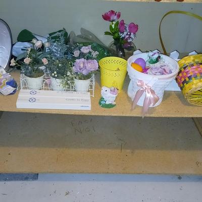 Happy Easter! Easter Decor Baskets, plastic eggs, wooden wall shelf faux flowers and more