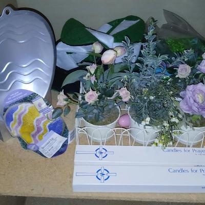 Happy Easter! Easter Decor Baskets, plastic eggs, wooden wall shelf faux flowers and more