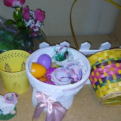 Happy Easter! Easter Decor Baskets, plastic eggs, wooden wall shelf faux flowers and more