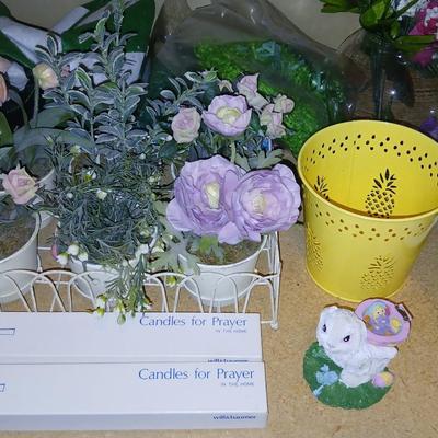 Happy Easter! Easter Decor Baskets, plastic eggs, wooden wall shelf faux flowers and more