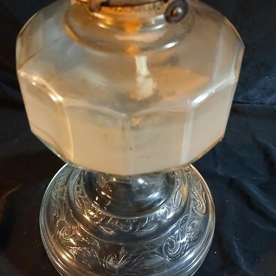 Hurricane oil lamp 18" tall clear beautifully etched thick glass pedestal base