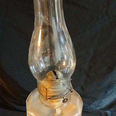 Hurricane oil lamp 18" tall clear beautifully etched thick glass pedestal base