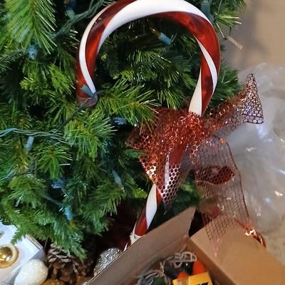 Large faux Christmas tree with skirt, ornaments, greenery, Angel, lights and more !